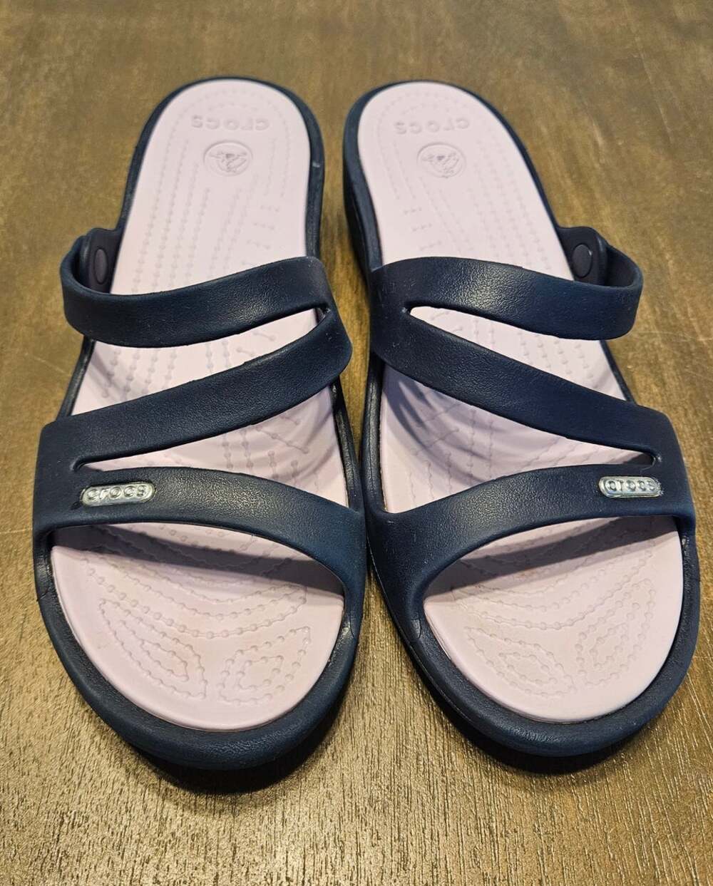 Women's Patricia Sandals Crocs Slides Low Wedge Navy Lavender Size 9